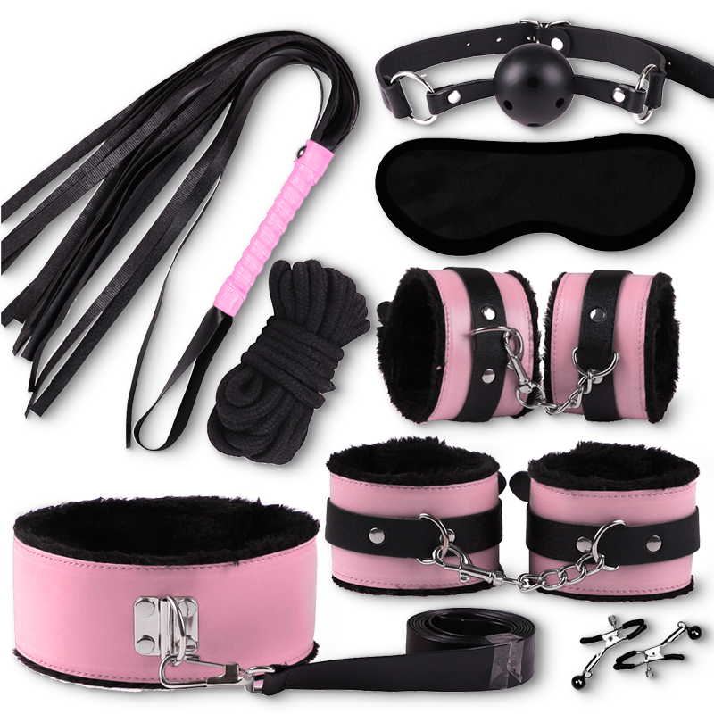 Fun Leather Fur 8-Piece Adult Bondage Restriction Black & Red 8-Piece Set